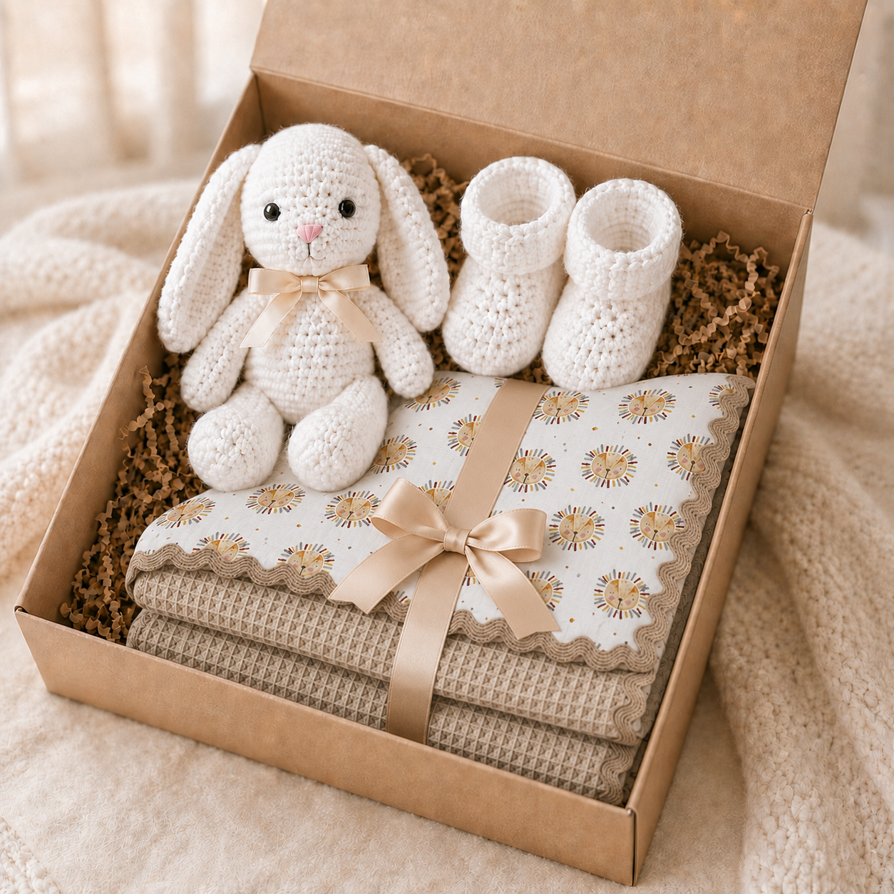 Caixa com coelhinho, sapatinhos e manta infantil de leõezinhos.